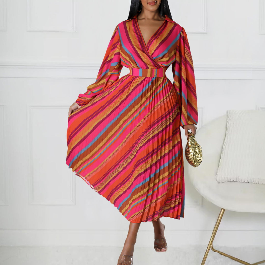 Damen Maxikleid mit elegantem Wickelkragen und farbenfrohem Streifenmuster Drune