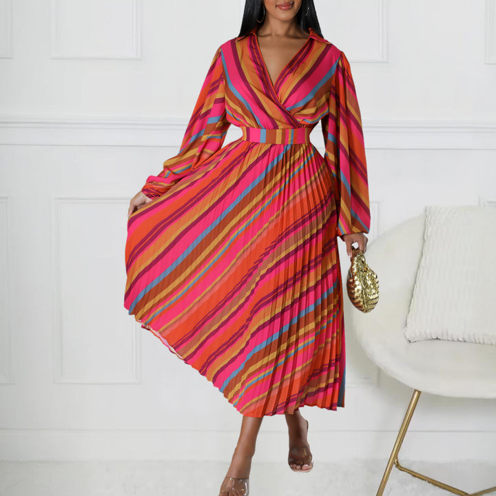 Damen Maxikleid mit elegantem Wickelkragen und farbenfrohem Streifenmuster Drune