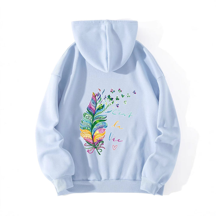 Damen lässiger Kapuzenpullover mit buntem Federdesign und inspirierendem Schriftzug Drune