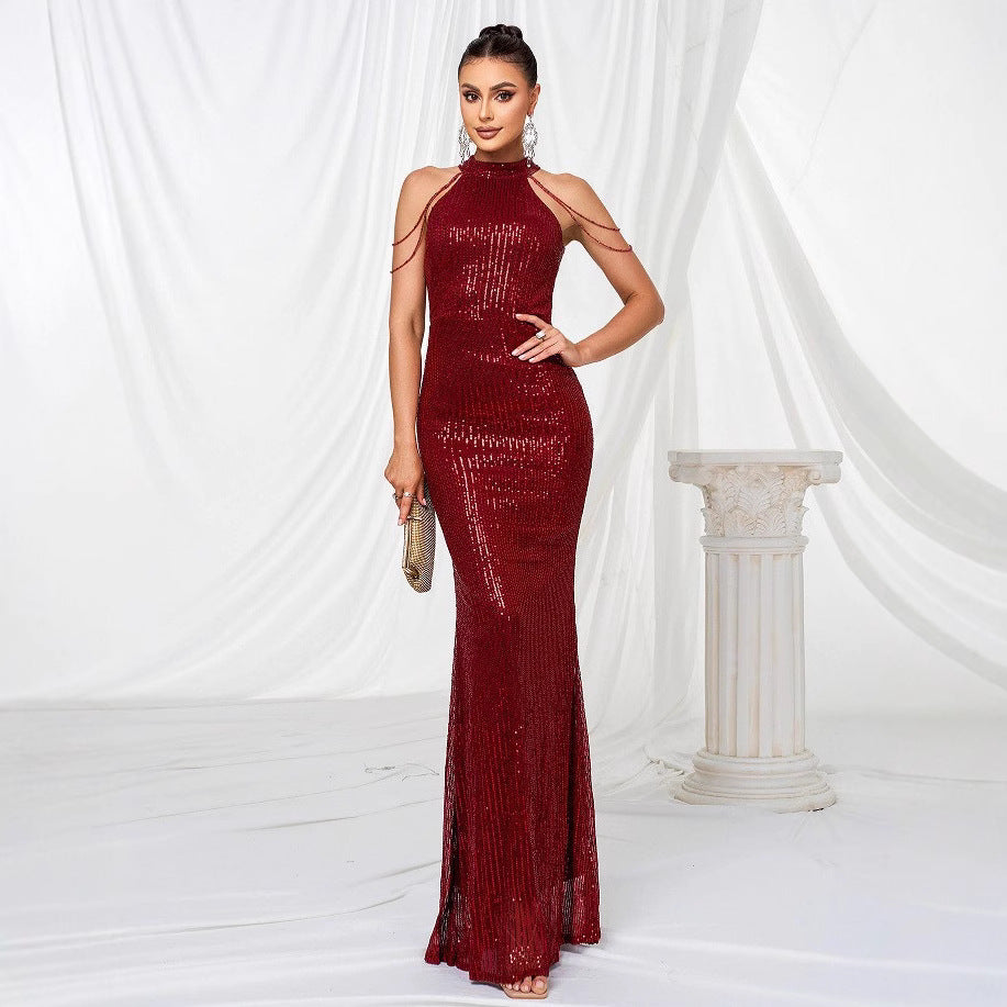 Damen Glamouröses Langarm-Abendkleid mit senkrechtem Paillettenverlauf und hohem Kragen Drune