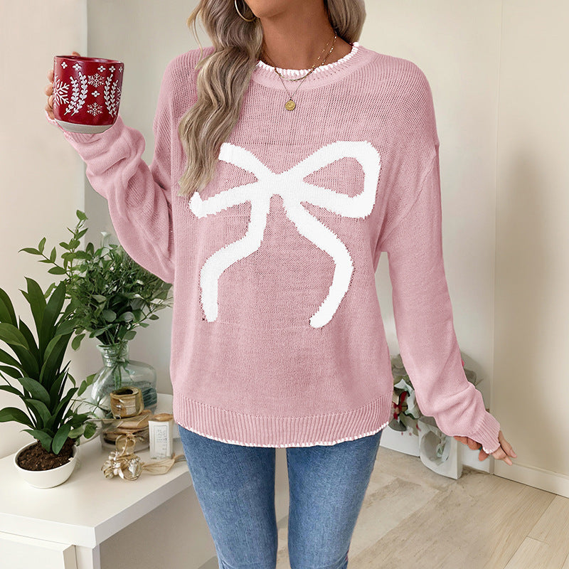 Damen Strickpullover mit festlichem Schleifenmotiv und lässigem Schnitt Drune