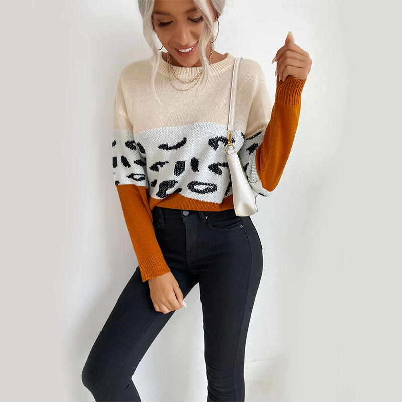 Damen lässiger Strickpullover mit modischem Farbblock-Design und animalischen Akzenten Drune