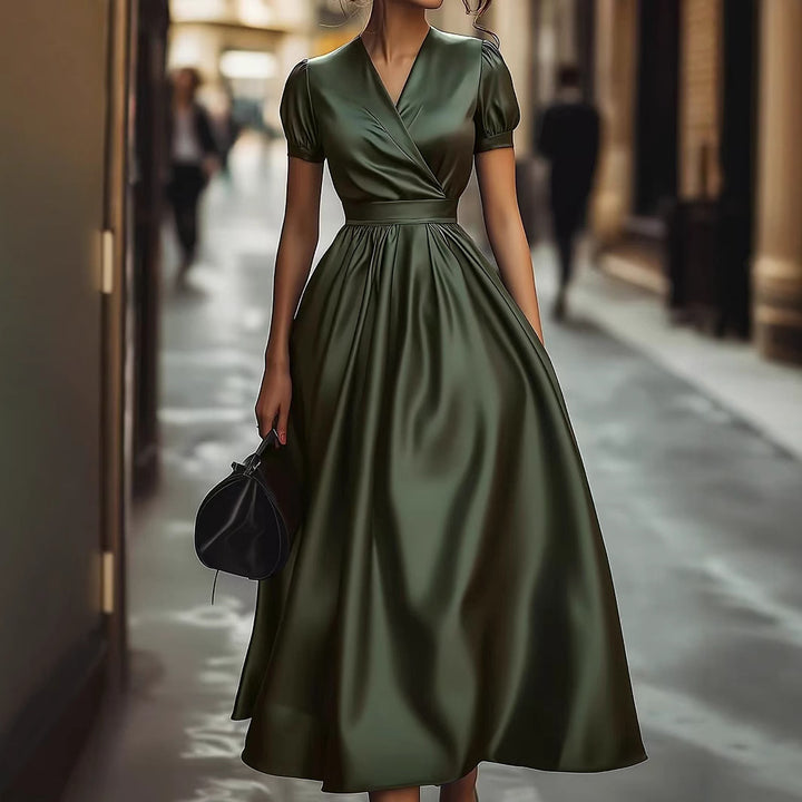 Damen Elegantes Maxikleid mit Wickeloptik und Puffärmeln Drune