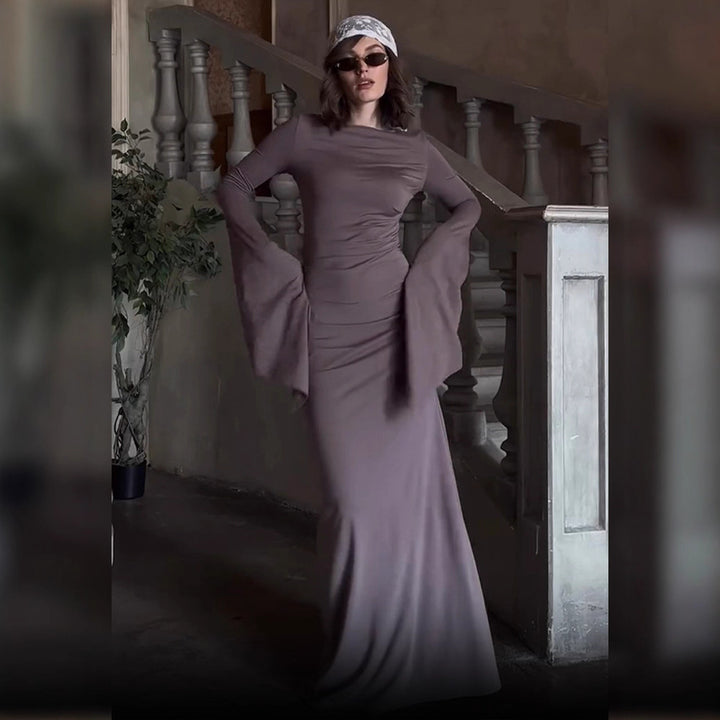 Damen elegantes Maxi-Kleid mit schwingenden Ärmeln und raffinierten Drapierungen Drune