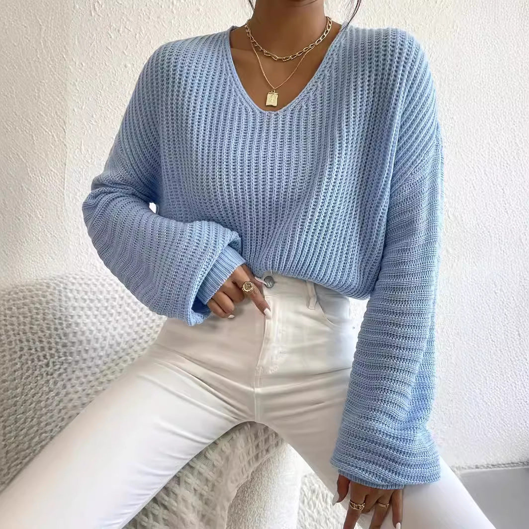 Damen V-Pullover mit weiten Ärmeln und strukturiertem Strickmuster Drune