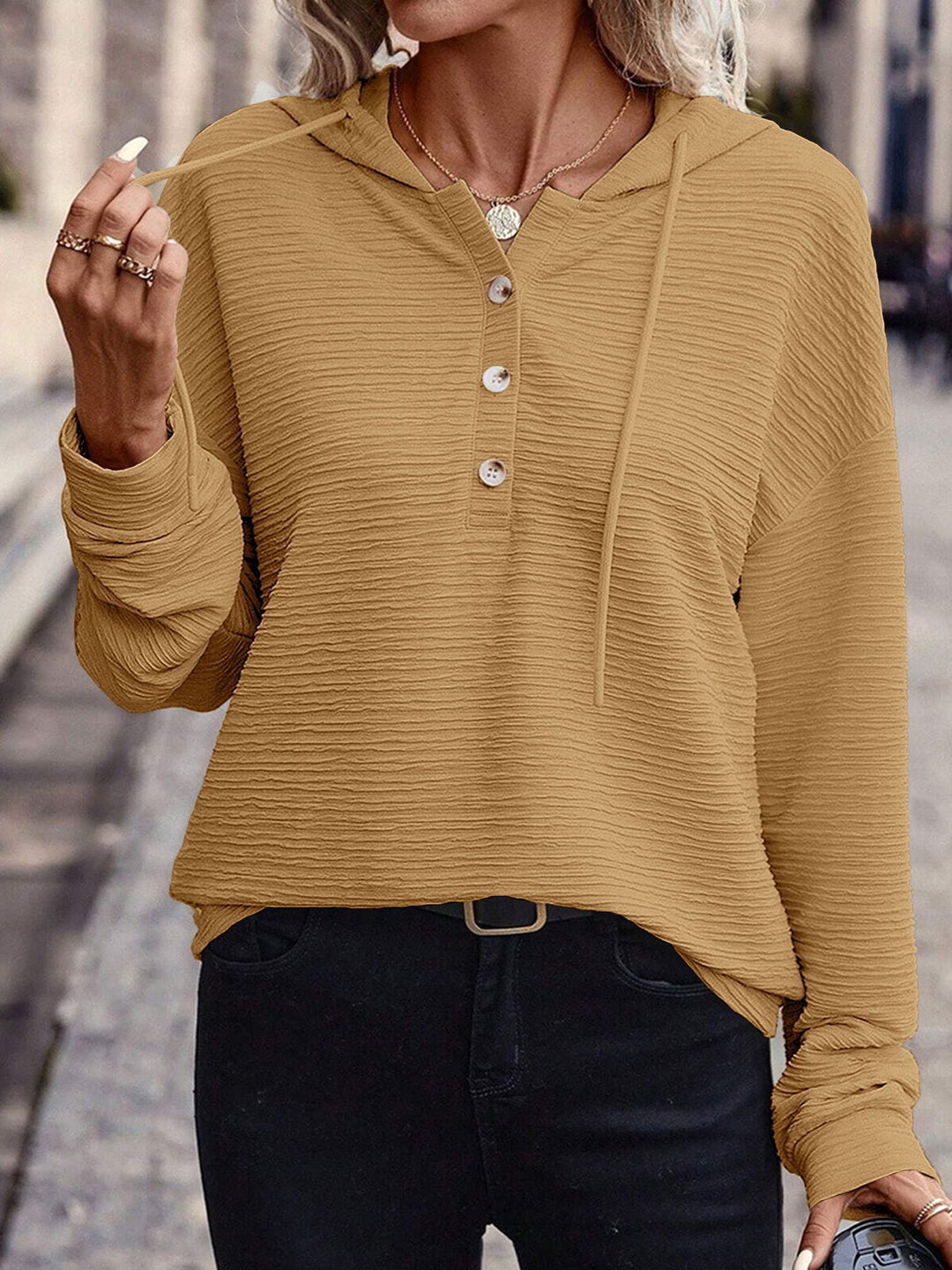 Damen Kapuzenshirt mit Knopfleiste und strukturierter Oberfläche Drune
