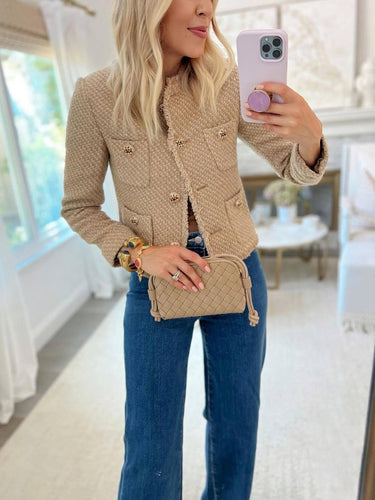 Damen elegante Tweed-Jacke mit Fransen und dekorativen Knöpfen Drune