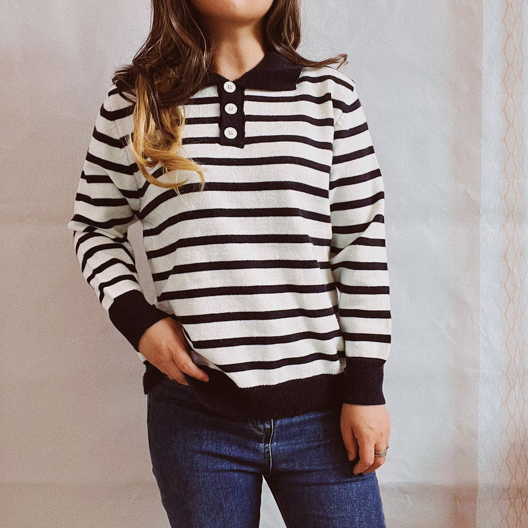 Damen legerer Streifenpullover mit Knopfleiste und weitem Schnitt Drune