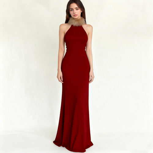 Damen Elegantes Maxikleid mit luxuriösem Kunstpelzkragen Drune