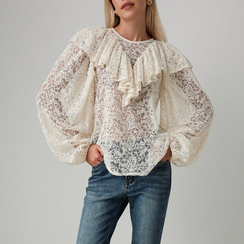 Damen Bluse mit voluminösen Rüschen und Spitzenmuster Drune