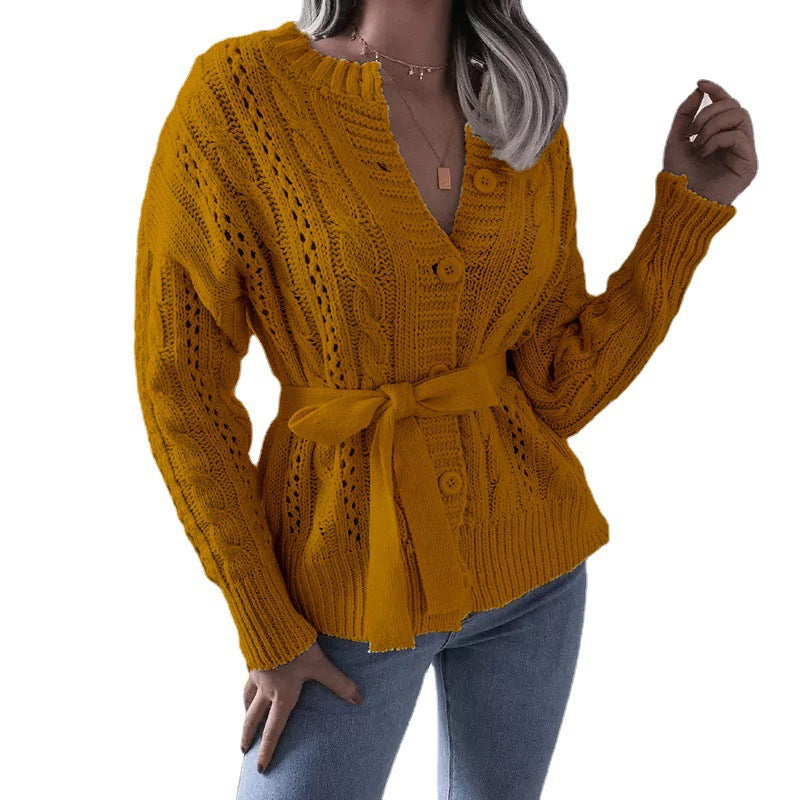 Damen Strickjacke mit gewaschenem Zopfmuster und Taillengürtel Drune