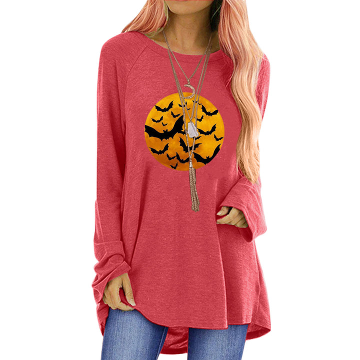 Damen Rundhalsshirt mit künstlerischem Halloween-Motiv und bequemer Passform Drune