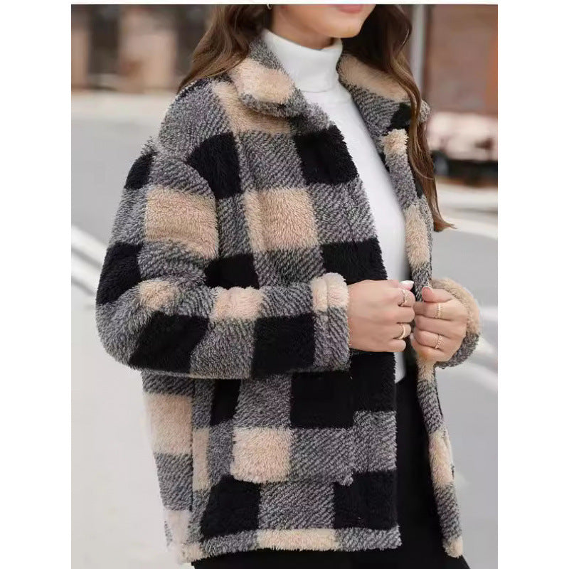 Damen kuschelige Plüschjacke mit Karomuster Drune