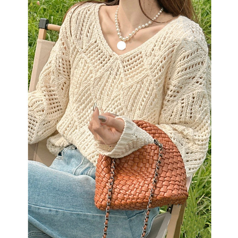 Damen Grobstrick Pullover mit innovativem Lochmuster und lässigem Schnitt Drune