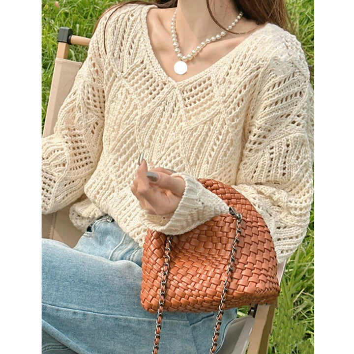 Damen Grobstrick Pullover mit innovativem Lochmuster und lässigem Schnitt Drune