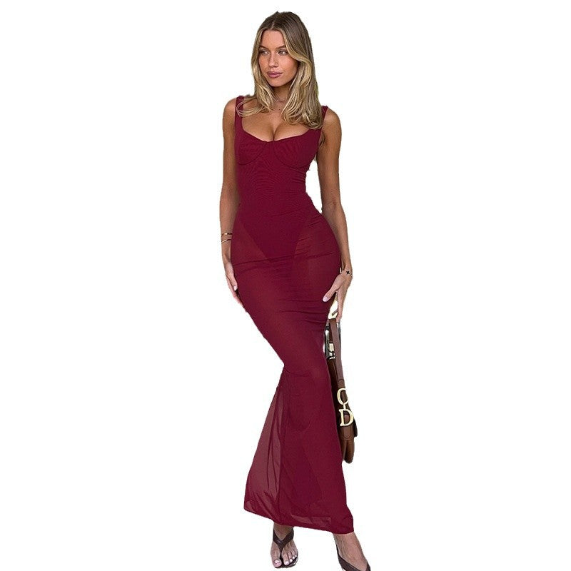 Damen Figurumspielendes Maxikleid mit tiefem Ausschnitt und elegantem Stretchmaterial Drune