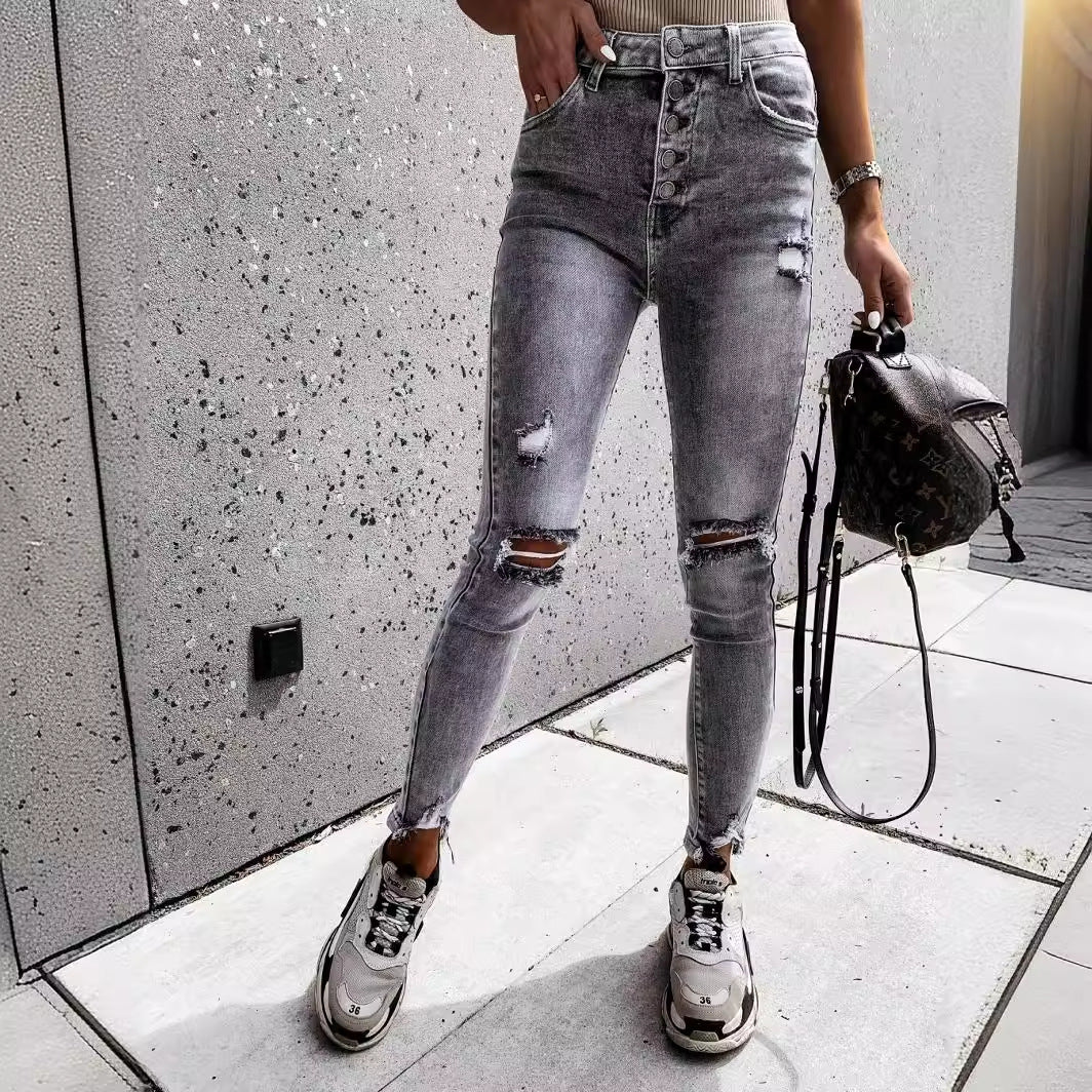Damen Skinny Jeans mit hohen Taschen und trendy Distressed-Details Drune