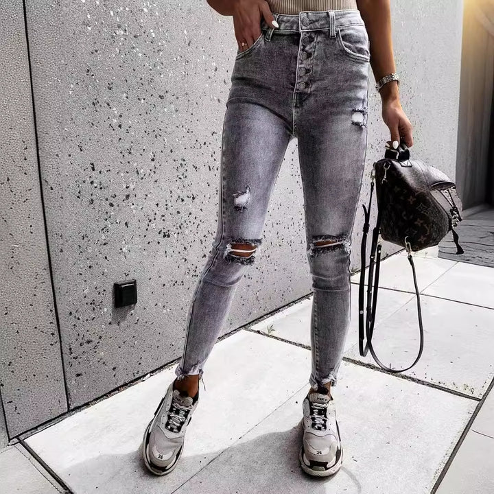 Damen Skinny Jeans mit hohen Taschen und trendy Distressed-Details Drune