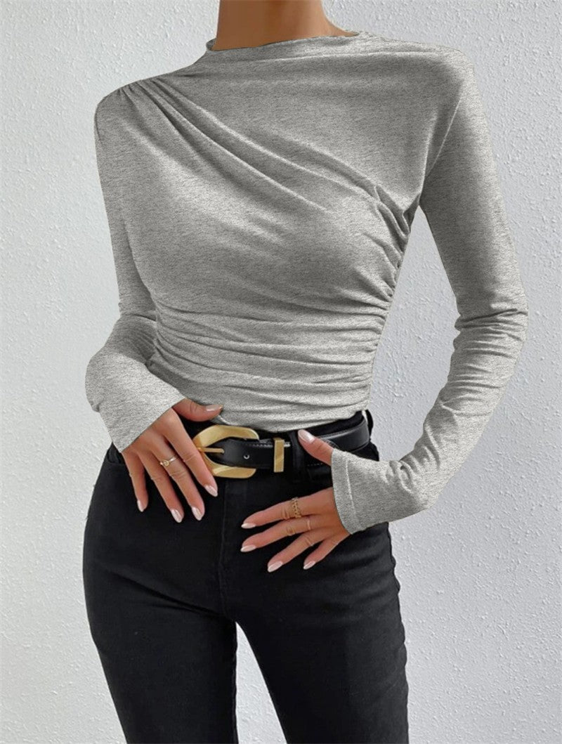 Damen nan figurbetontes Langarmshirt mit asymmetrischer Raffung am Vorderteil und U-Boot-Ausschnitt Drune