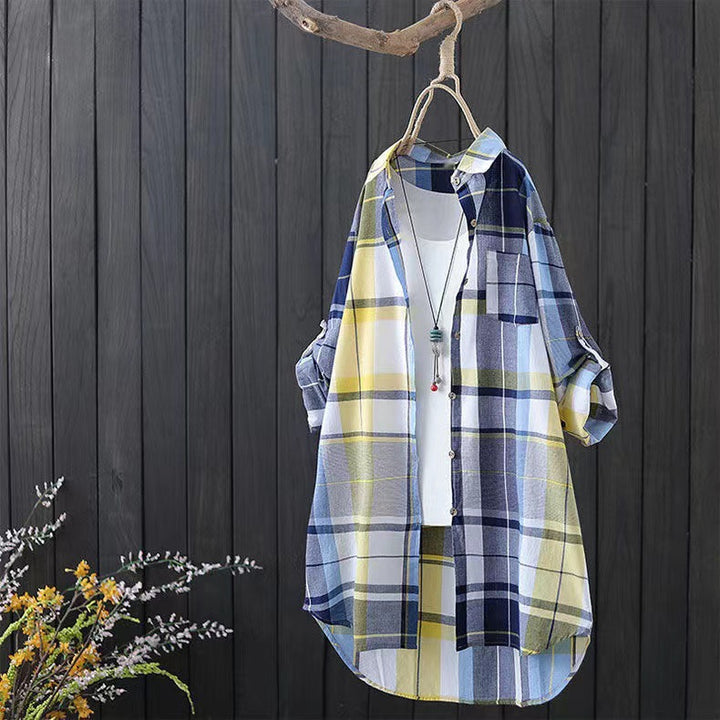 Damen Karobluse im lässigen Schnitt mit knöpfbaren Ärmeln und praktischen Taschen Drune