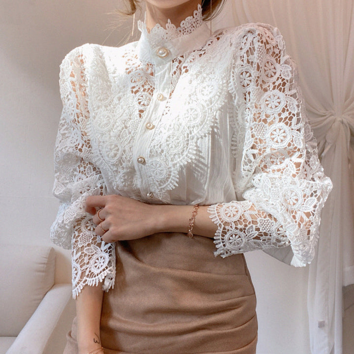 Damen elegante Spitze Bluse mit hohem Kragen Drune