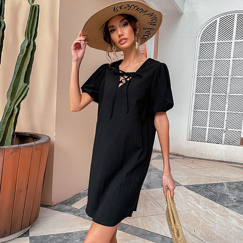 Damen Freizeitkleid mit eleganter Schnürung und Puffärmeln Drune