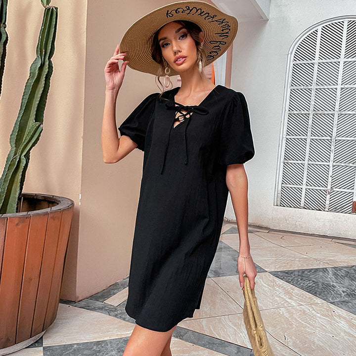 Damen Freizeitkleid mit eleganter Schnürung und Puffärmeln Drune