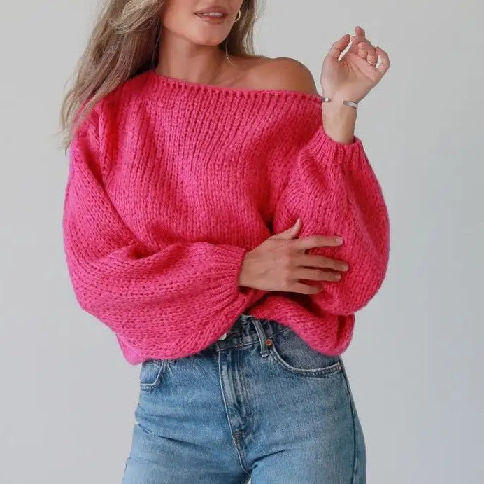 Damen lässiger Strickpullover mit voluminösen Ärmeln Drune