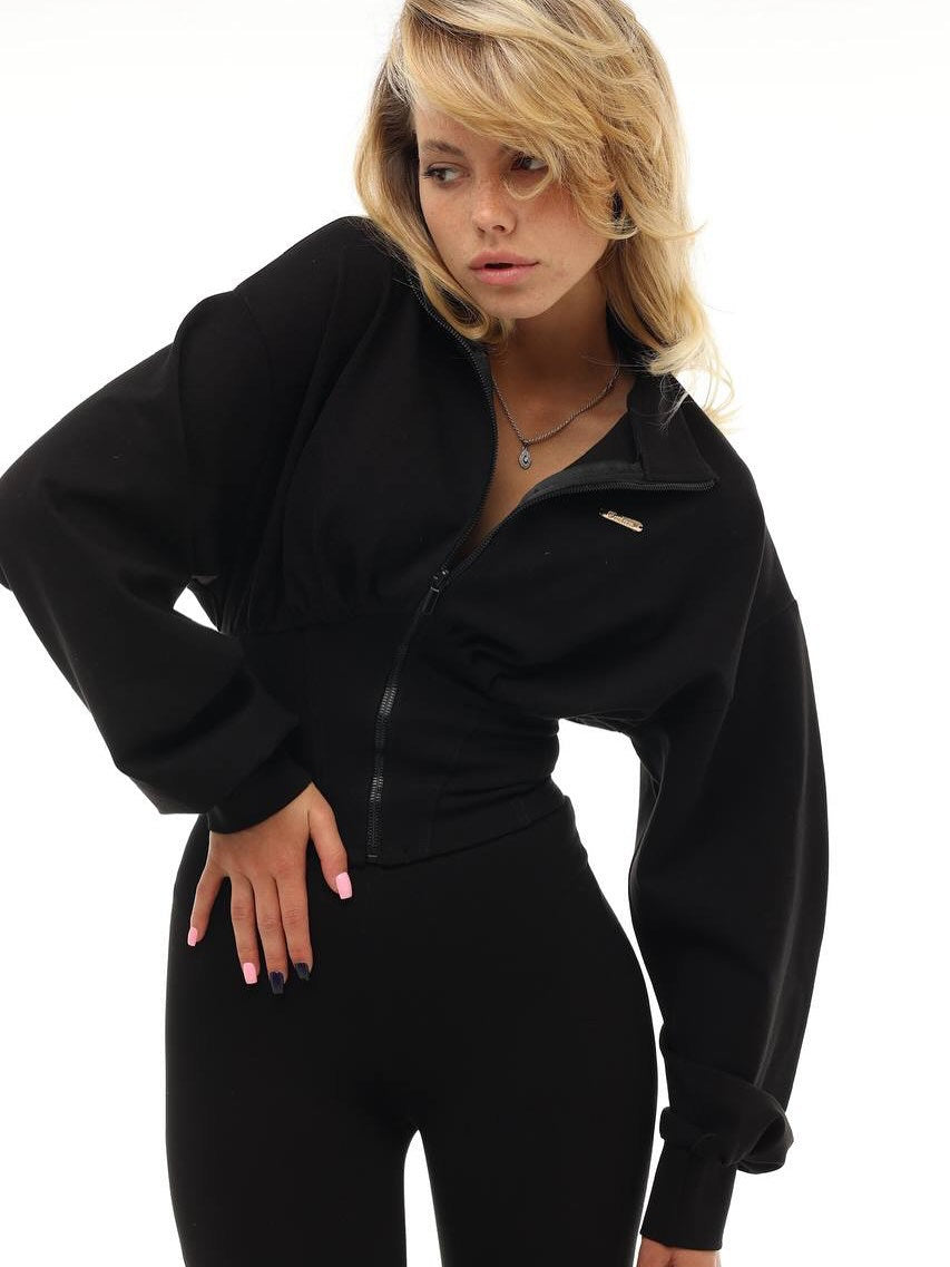 Damen cropped Sweatjacke mit hohem Kragen und weiten Ärmeln Drune