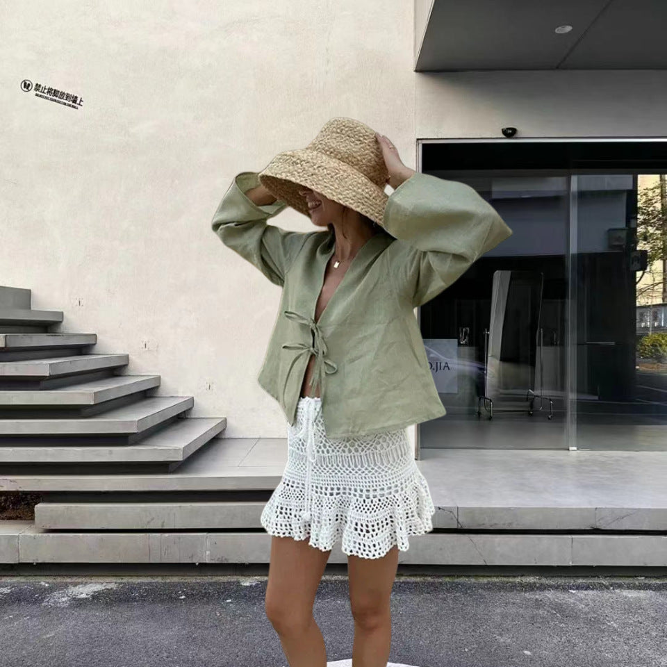 Damen kurzärmlige Jacke mit lässigem Bindegürtel Drune