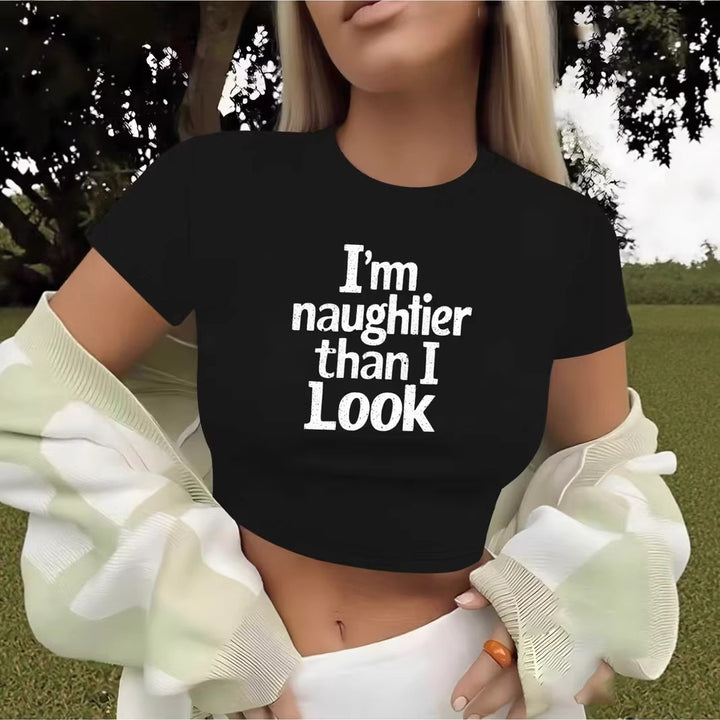 Damen Crop-T-Shirt mit kreativem Spruch und figurbetontem Schnitt Drune