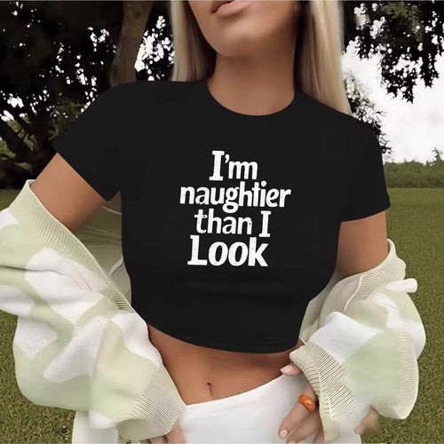 Damen Crop-T-Shirt mit kreativem Spruch und figurbetontem Schnitt Drune