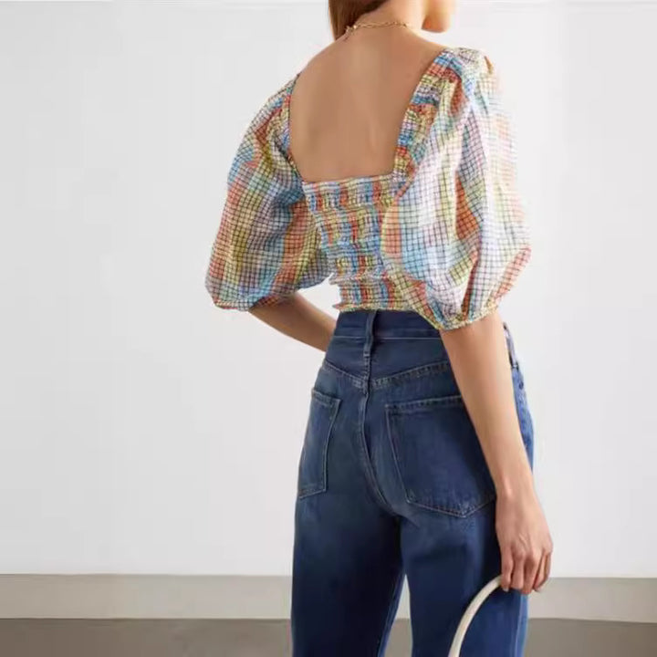 Damen Puffärmel Bluse mit kariertem Design Drune