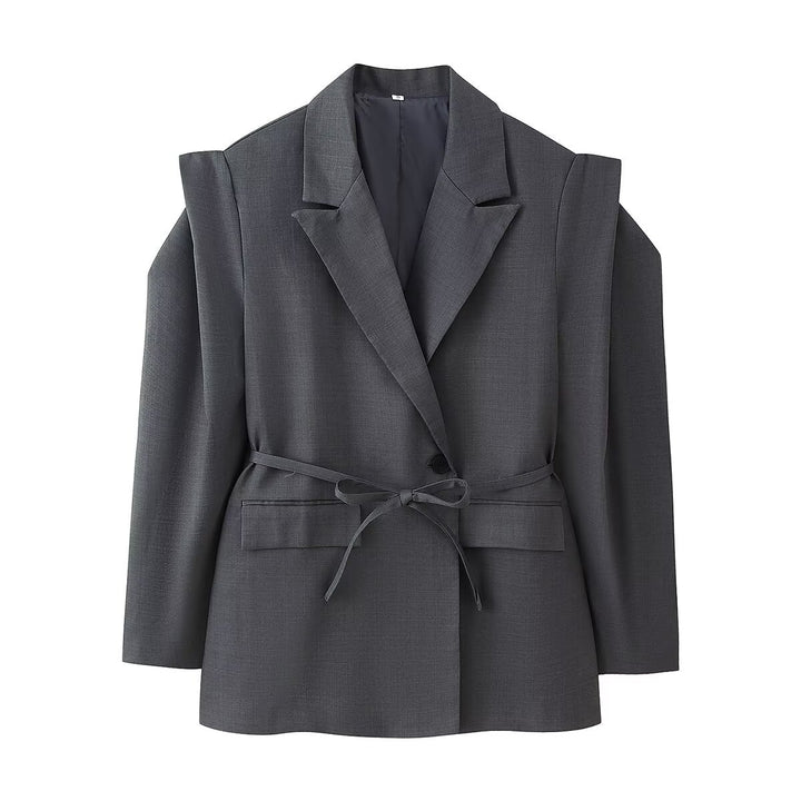Damen elegante Blazerjacke mit tailliertem Schnitt und Bindegürtel Drune