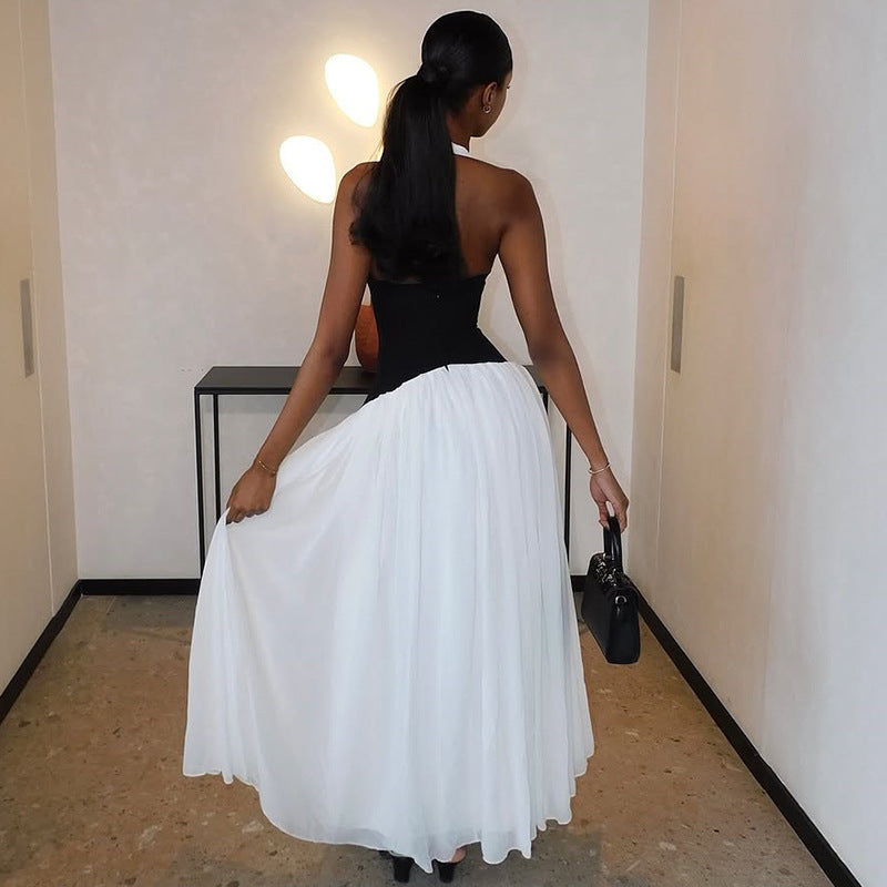 Damen Elegantes Maxikleid mit tiefem V-Ausschnitt und stilvollem Farbkontrast Drune