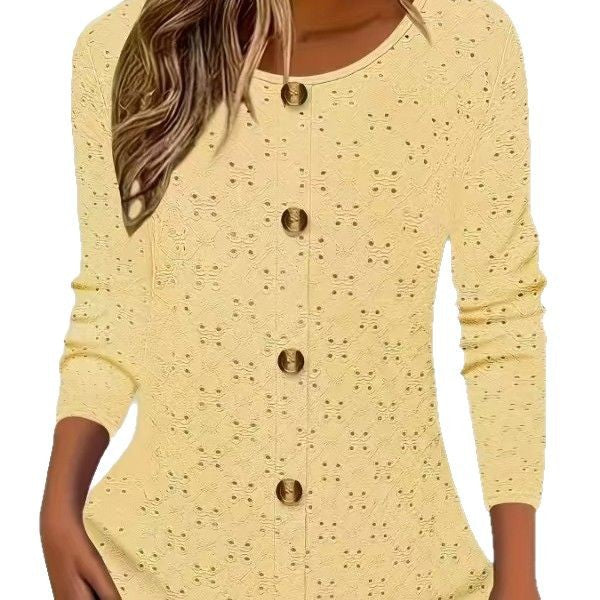 Damen Langarm Blusenshirt mit dekorativen Knopfdetails und filigranem Lochmuster Drune