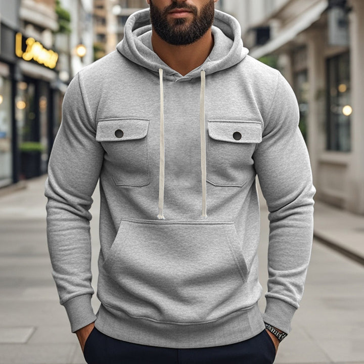 Herren nan sportiver Kapuzenpullover mit aufgesetzten Klappentaschen, Kängurutasche und schmalem Saum Drune