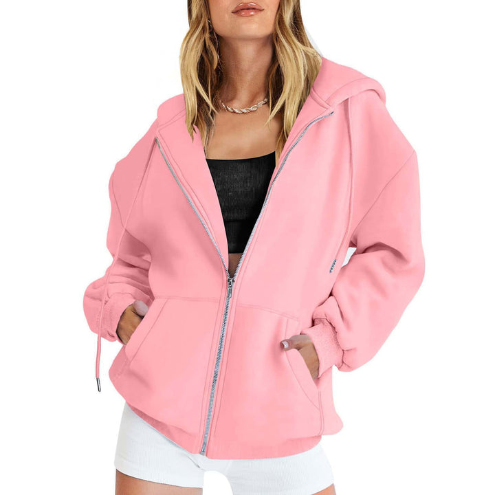 Damen nan lässige Zip-Hoodie-Jacke im Boxy-Cut mit überschnittener Schulter, verdecktem Tunnelzug und großen Kängurutaschen Drune