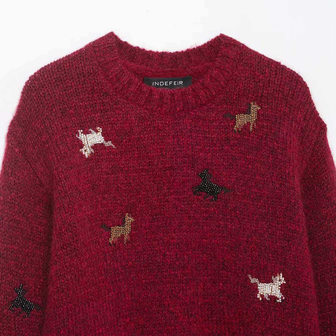 Damen nan kurzgeschnittener Grobstrick-Pullover mit Hundemotiv, Rundhalsausschnitt und elastischem Rippbund Drune