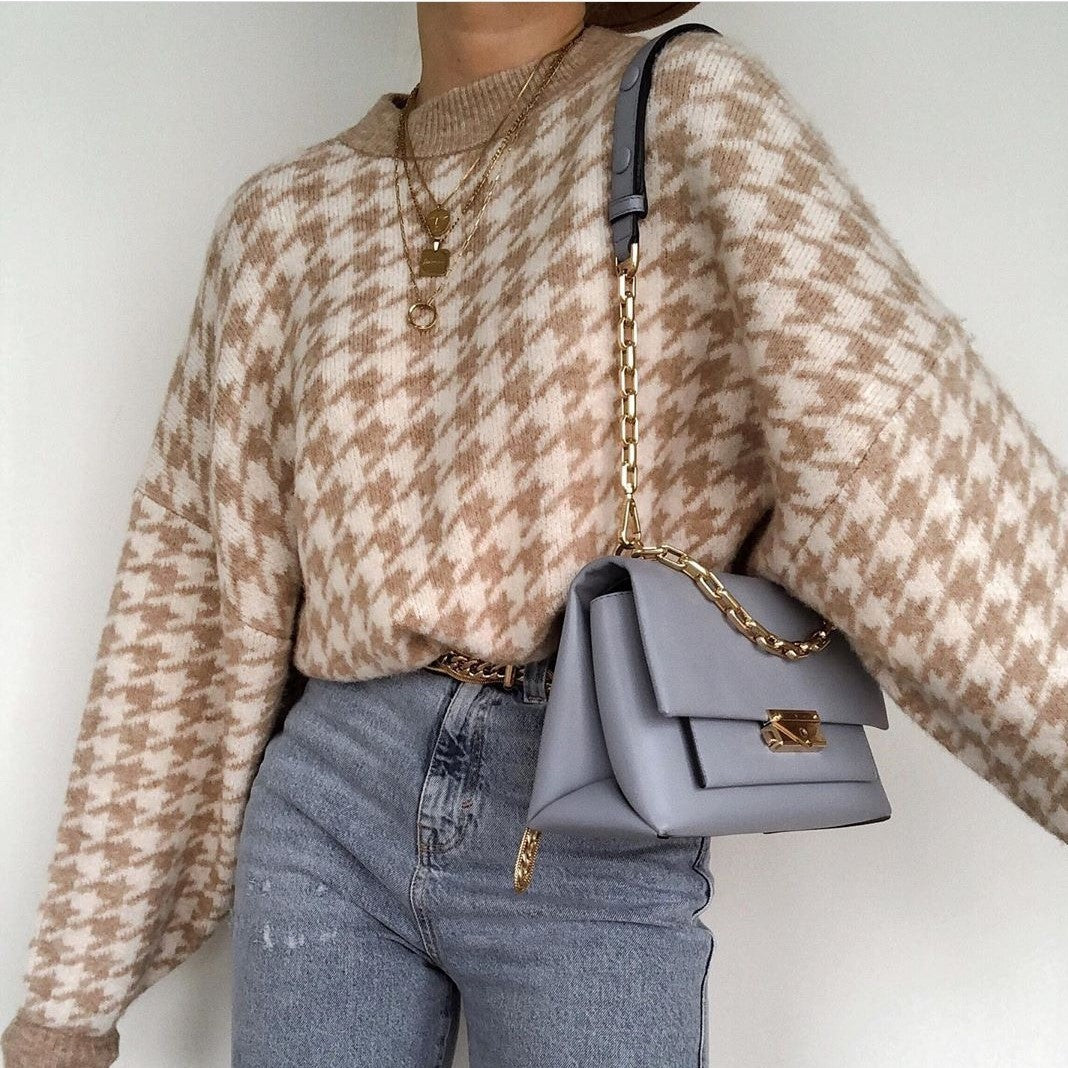 Damen Oversized Strickpullover mit Karomuster Drune