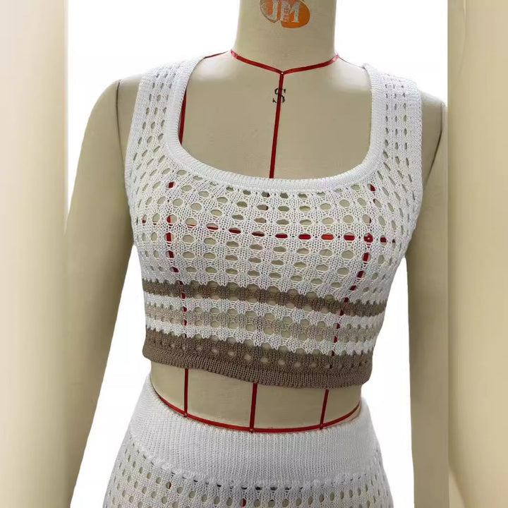 Damen elegantes gestricktes Zweiteiler-Set mit geometrischem Lochdesign Drune