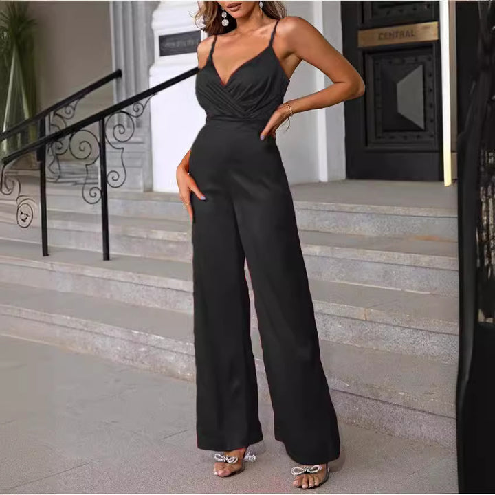 Damen Eleganter Jumpsuit mit Wickeloberteil und langen, geraden Beinen Drune
