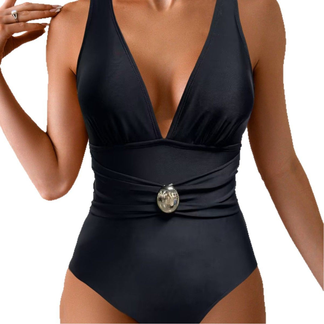 Damen Einteiliger Badeanzug mit tiefem V-Ausschnitt und eleganter Gürteldetails Drune