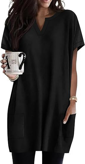 Damen lässiges Tunika-Kleid mit V-Ausschnitt und Taschen Drune