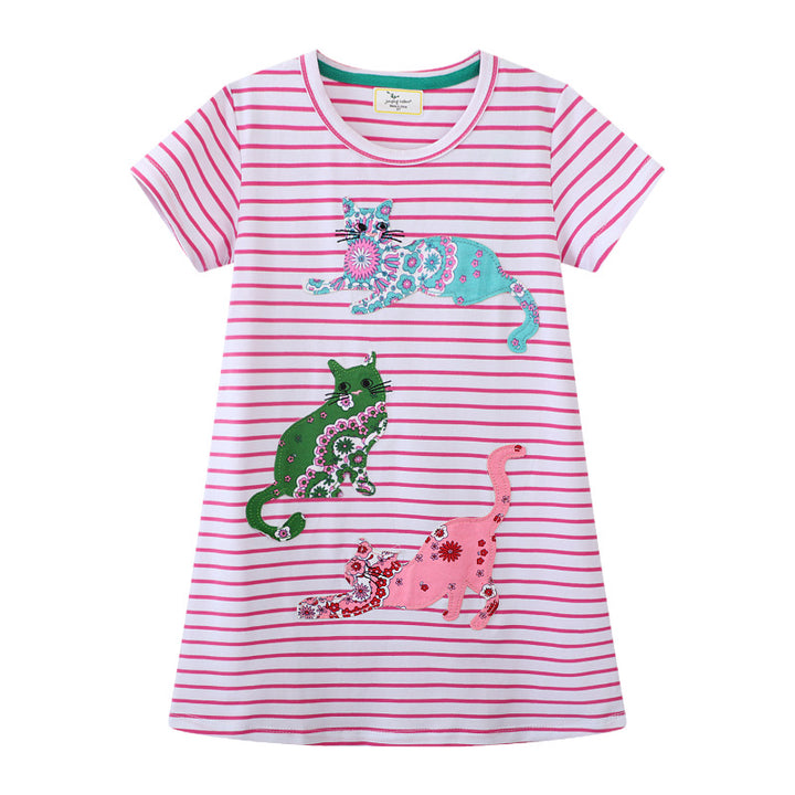 Mädchen gestreiftes Kurzarmkleid mit bunten Katzenmotiven Drune