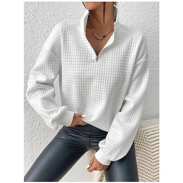 Damen lässiger Sweatpullover mit hohem Kragen und strukturiertem Waffelmuster Drune