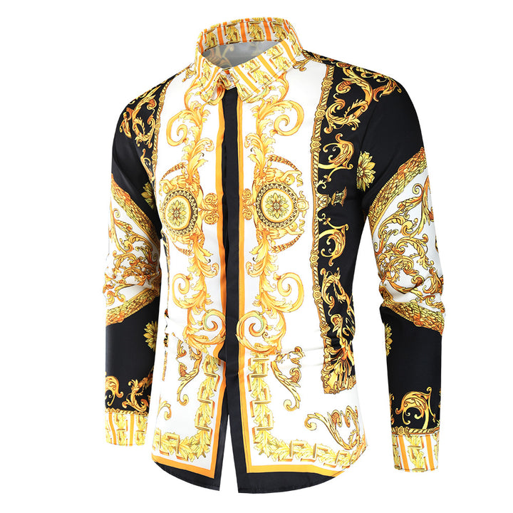 Herren nan barockes Langarm-Hemd mit ornamentalem Druck, Kentkragen und tailliertem Schnitt Drune