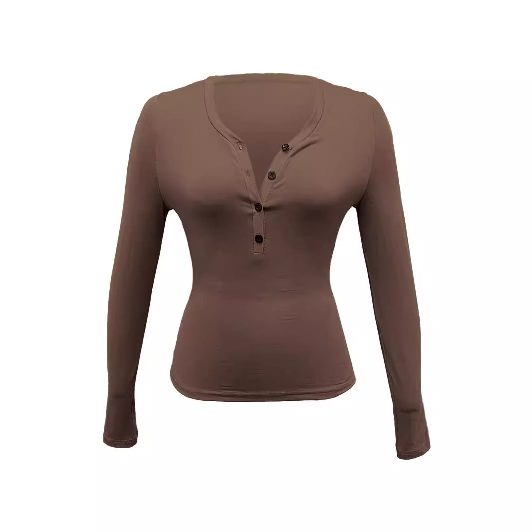 Damen Langarmshirt mit V-Ausschnitt und Knopfdetails Drune