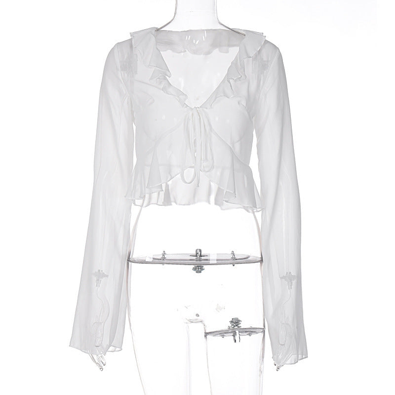 Damen Transparente Langarmbluse mit Rüschen und Bindegürtel Drune