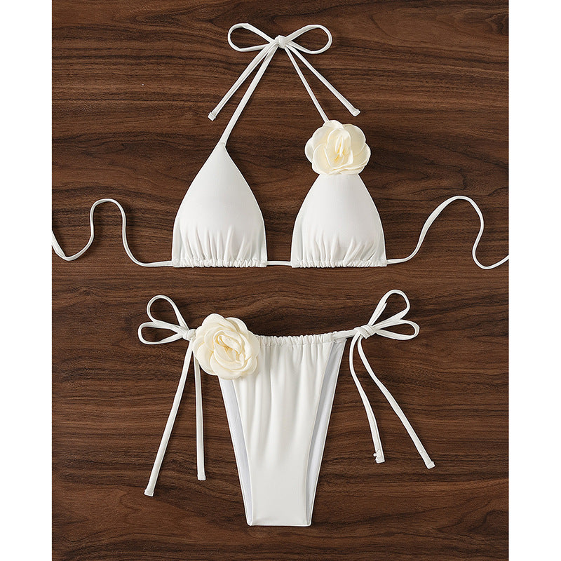 Damen Triangel-Bikini mit geflochtenem Rüschendesign und Blütendetail Drune